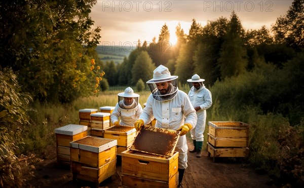 Beekeeper with honeycombs in hands in nature bee apiary, AI generated