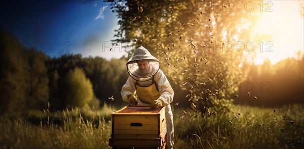 Beekeeper with honeycombs in hands in nature bee apiary, AI generated