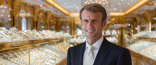 Smiling french elegant young man in a luxury jewelry store with a backdrop of elegant displays, AI generated