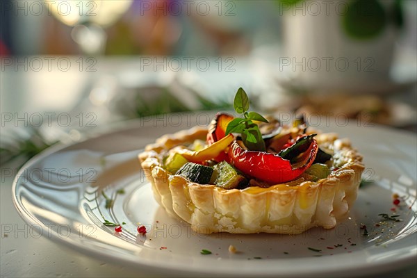 An appealing vegetable tart with roasted toppings, garnished with fresh herbs, AI generated