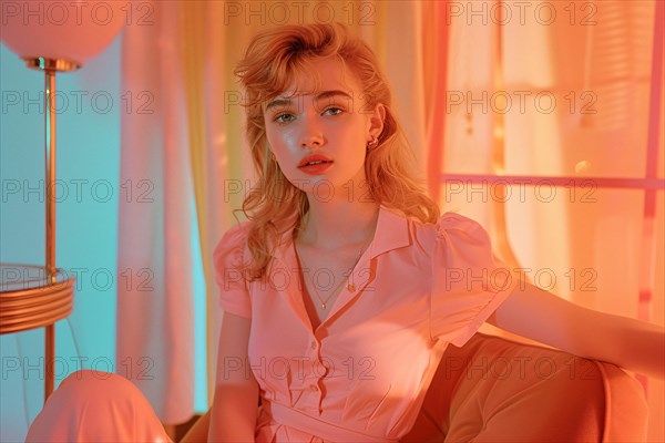 A woman in a pastel-colored room with retro aesthetic gazes contemplatively amidst soft lighting, AI generated