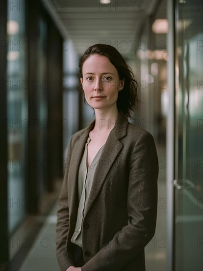 Professional business woman in a blazer looking contemplative in a sophisticated modern office setting, AI generated