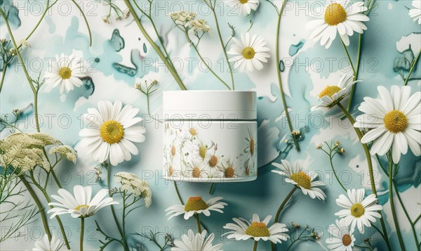 Cosmetic jar blank mockup placed on a serene watercolor chamomile background AI generated