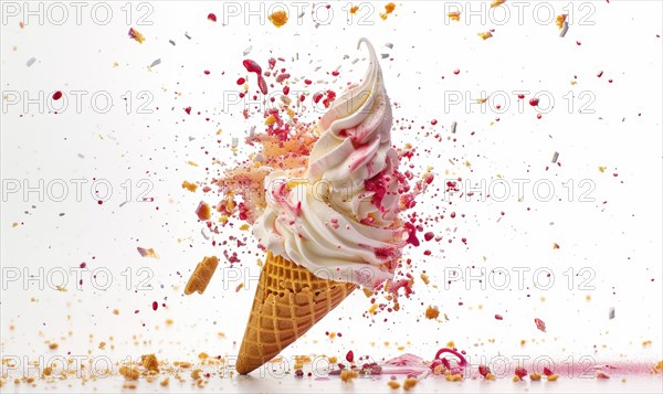 Ice cream cone explosion on white background AI generated