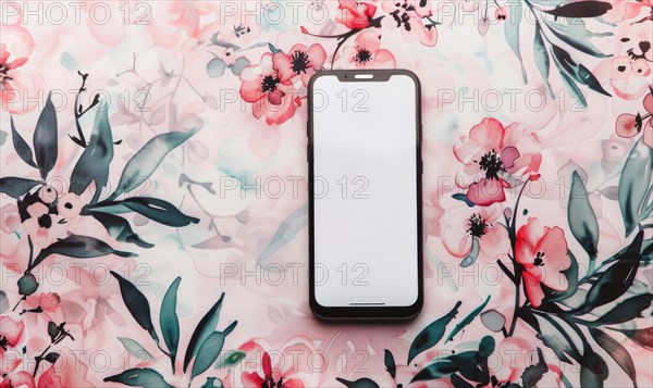 Smartphone mockup on watercolor floral patter AI generated