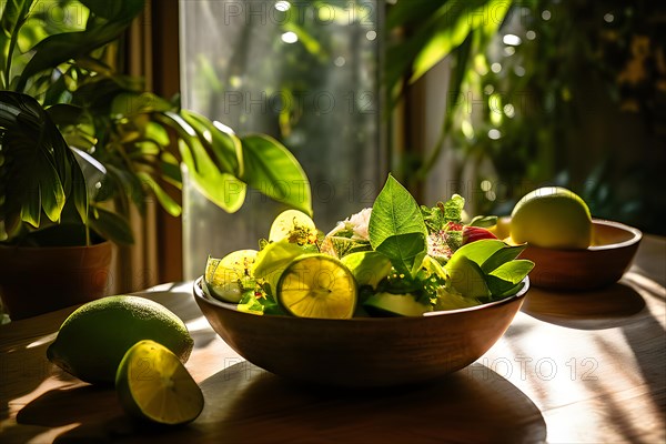 Citrus and avocado salad placed gently on a rustic wooden table surrounded by lush indoor plants, AI generated