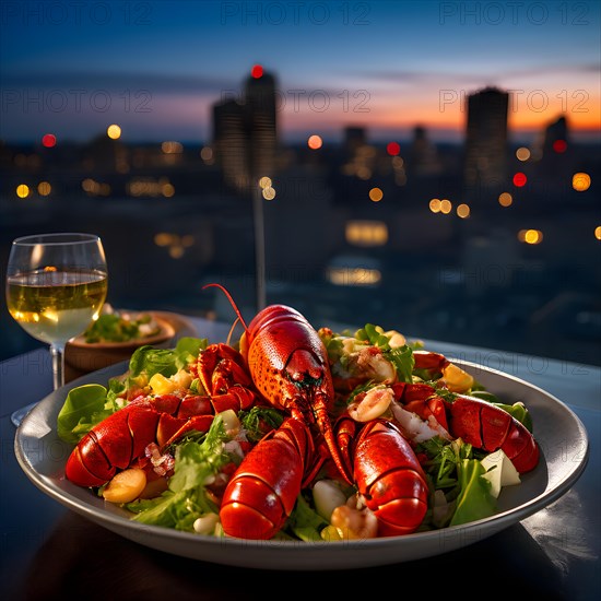 Gourmet lobster salad on a rooftop restaurant table city skyline backdrop, AI generated