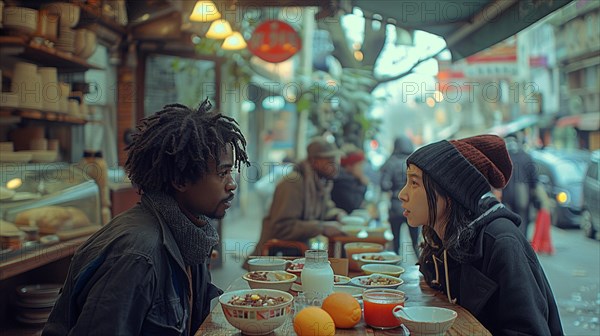 Two friends in cold weather attire having a serious discussion at an urban cafe sit outdoors, AI generated