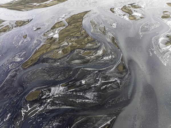 Overgrown river landscape, Eldhraun, near Kirkjubaejarklaustur, drone image, Sudurland, Iceland, Europe