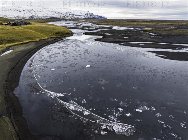 Overgrown river landscape, Fjallabak Nature Reserve, drone shot, Sudurland, Iceland, Europe