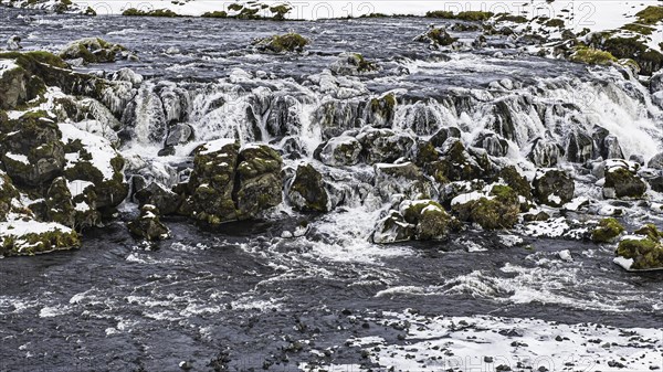 Small waterfall, onset of winter, Fjallabak Nature Reserve, drone shot, Sudurland, Iceland, Europe