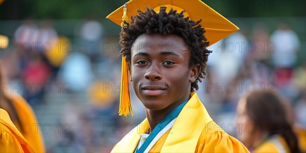 Confident young graduate with afro hair style in cap during golden-hour lighting, AI generated