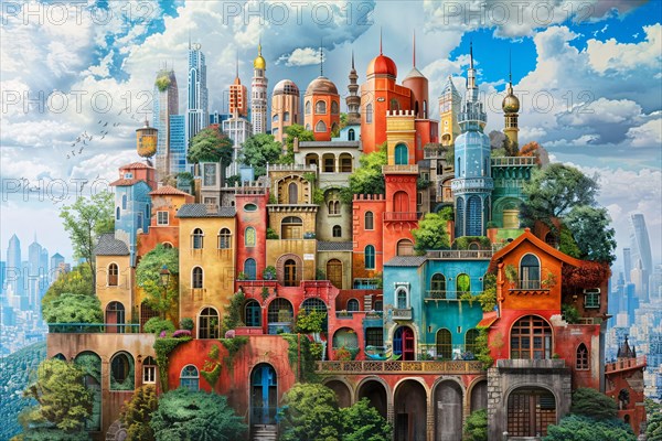 Whimsical and colorful fantasy architecture with floating islands, illustration, AI generated