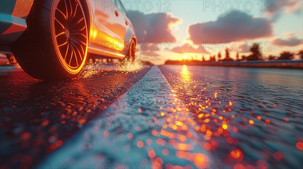 Car driving near a reflective puddle during a picturesque sunset in the city, low ultra wide angle, AI generated