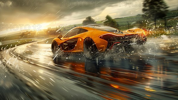 Orange supercar racing on a wet track with dynamic splash, reflecting the dramatic sky, AI generated
