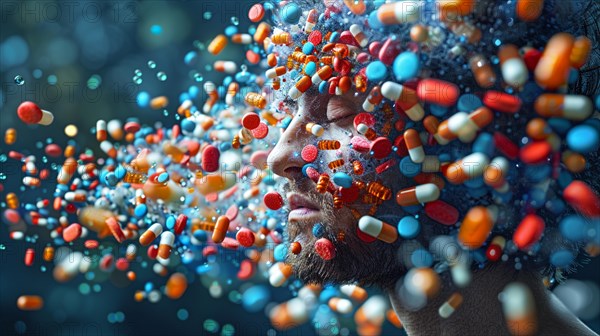 Surreal scene with a man surrounded by a colorful explosion of pills and medicine, big pharma and medical protocols concept, AI generated