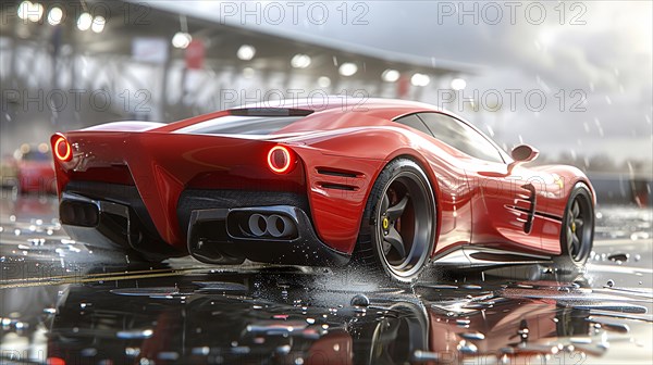 A red supercar glistens on a reflective surface in the rain, showcasing luxury and performance, AI generated