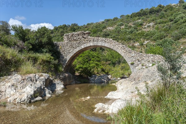 Historic arch bridge Le Pont des Fees over the river La Garde, Grimaud-Village, Var, Provence-Alpes-Cote d'Azur, France, Europe