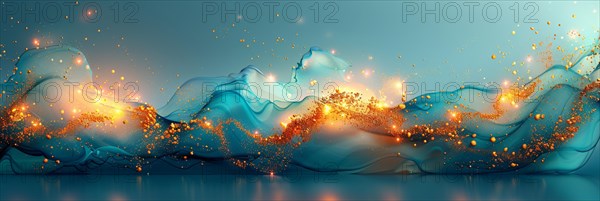 Fantasy-inspired abstract digital art with dynamic blue and orange sparkly flowing shapes, AI generated