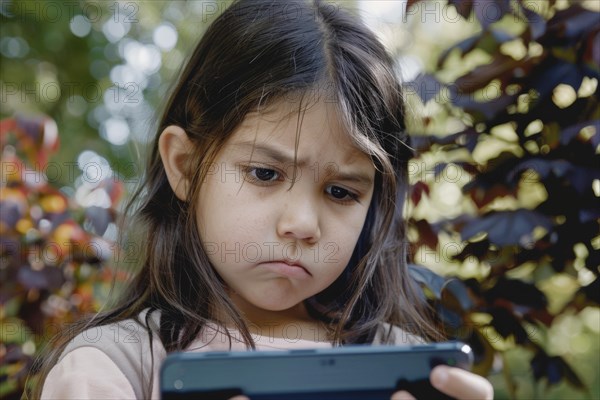 A pre-school girl sits in a classroom and looks intently at a digital tablet, symbol image, digital teaching, learning environment, media skills, eLearning, media education, AI generated, AI generated, AI generated