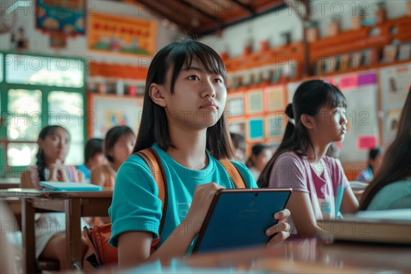 A pre-school girl sits in the classroom with a digital tablet and looks attentively, symbol image, digital teaching, learning environment, media skills, eLearning, media education, AI generated, AI generated, AI generated