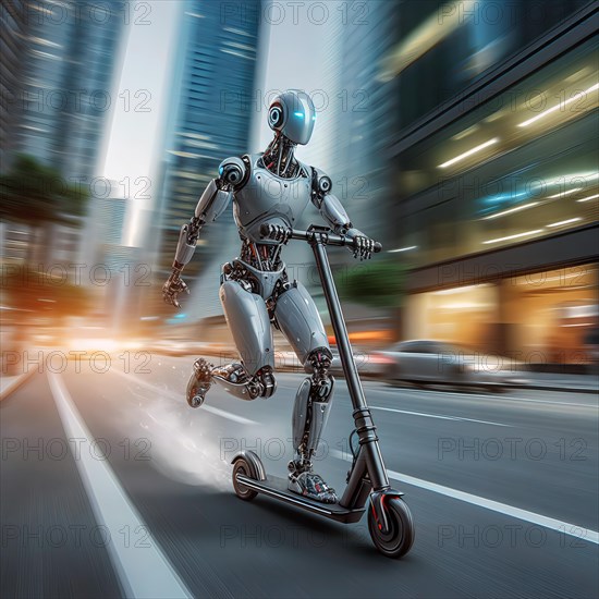 A humanoid robot rides on an electric scooter, an e-scooter, on the road through the city, road traffic, electromobility, mobility, cybernetics AI generated, AI generated