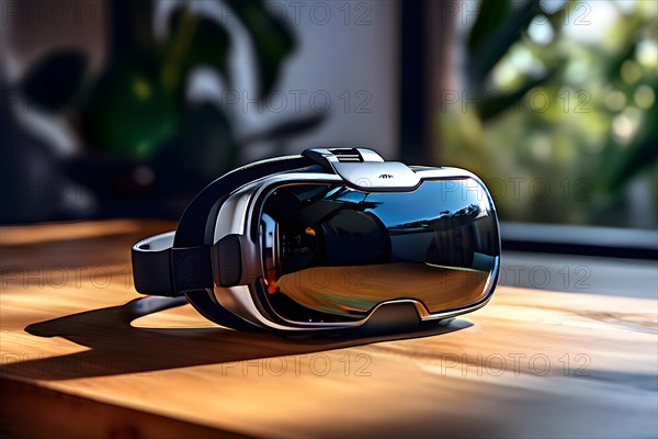 Virtual reality headset reclining on a polished wooden desk, AI generated