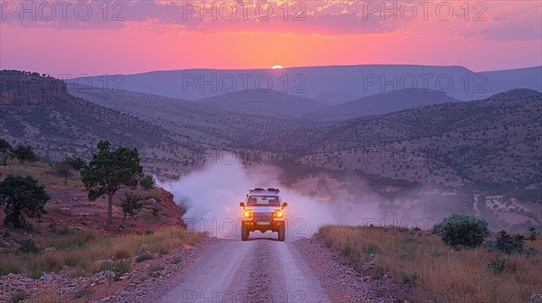 A 4x4 vehicle on a dusty road in the hills at sunset with a pink sky above, action sports photography, AI generated