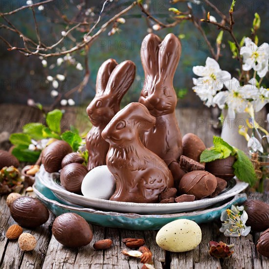 Chocolate Easter bunny with eggs and nuts on a rustic wooden table, Easter symbol, AI generated, AI generated