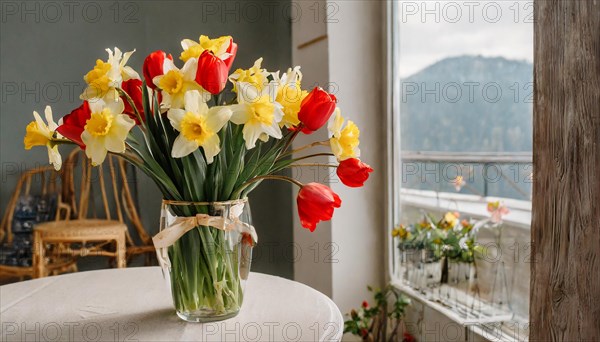 A large bouquet of yellow daffodils and red tulips in a vase stands on the table in the flat, AI generated, AI generated