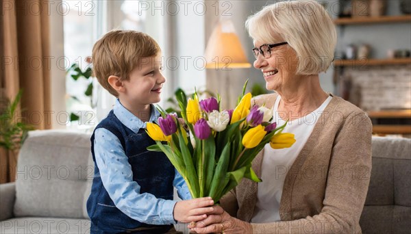 A boy presents an older woman with a colourful bouquet of flowers, both smile happily and warmly, AI generated, AI generated
