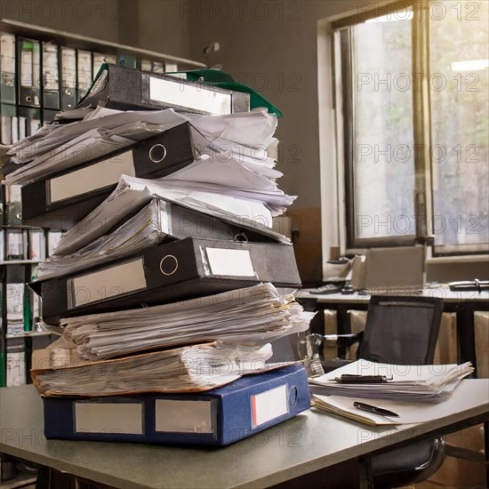High stacks of files and piles of paper organised on office filing areas, symbolism bureaucracy, AI generated, AI generated