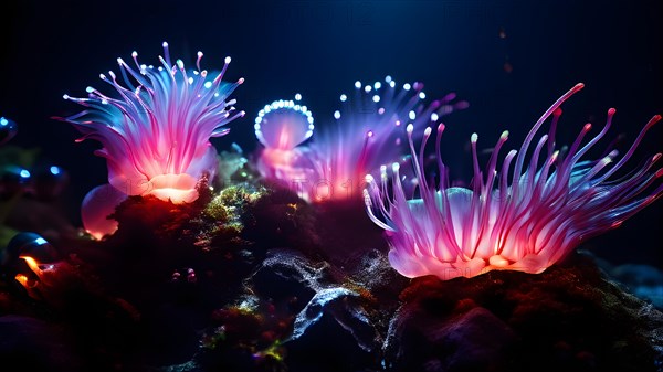 Bristle worms bioluminescent bodies floating in deep ocean, AI generated, deep sea, fish, squid, bioluminescent, glowing, light, water, ocean