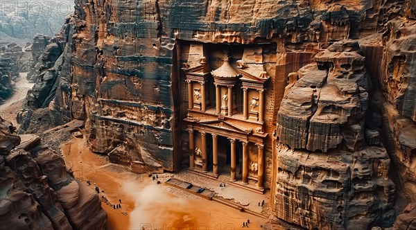 Warm sunlight illuminates the facade of Al-Khazneh in Petra, carved into the rock face, ai generated, AI generated