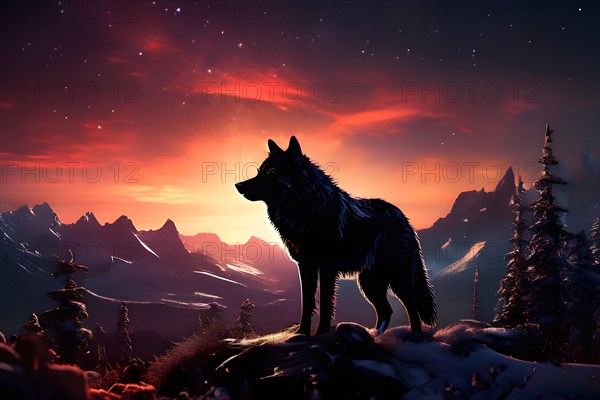 Lone wolf silhouette perches on a snow clad ridge inviting the illustrious display of aurora borealis, AI generated