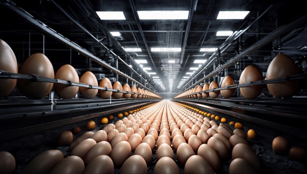 Egg production in a factory, eggs on a conveyor belt, AI generated