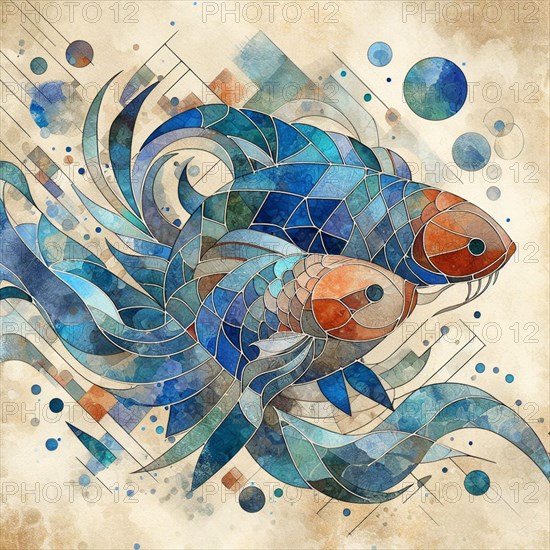Abstract mosaic with a pair of fish in blue, intertwined with flowing lines and geometric shapes, pisces zodiac sign card, square aspect, AI generated