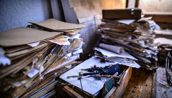 Abandoned office with piles of disorganised papers and documents, symbol of bureaucracy, AI generated, AI generated