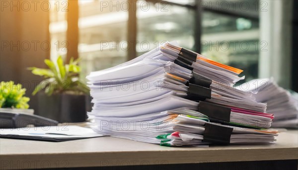 Several orderly stacks of documents with colourful paper clips on a desk, symbol bureaucracy, AI generated, AI generated