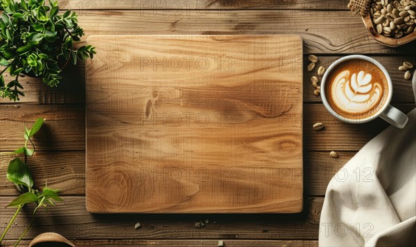 Latte with intricate art on a spacious wooden table, warm and rustic AI generated