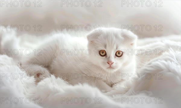 A small kitten with white fur looks calm and innocent on a light, soft background AI generated