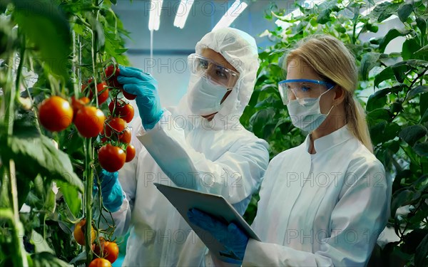 Biologists in protective suits grow vegetables in the lab, the concept of biotechnology, plant care and protection against diseases, organic food production, AI generated, AI generated