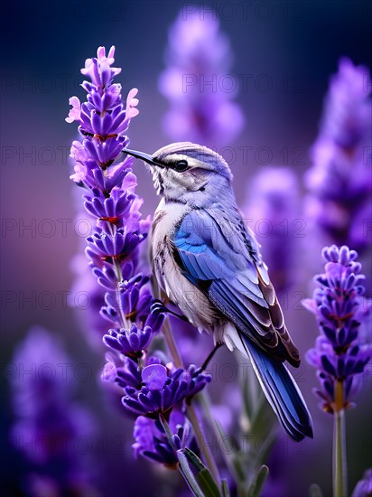 Lavender flower with focus on songbird perched amidst petals, AI generated