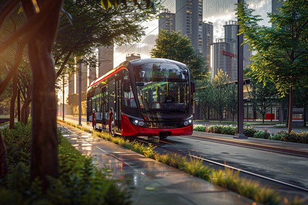 Modern tram on a city track surrounded by greenery and bathed in the warm glow of sunset, AI generated