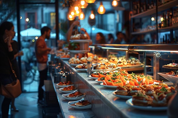 People socializing around a vibrant display of tapas in a cozy bar setting, AI generated