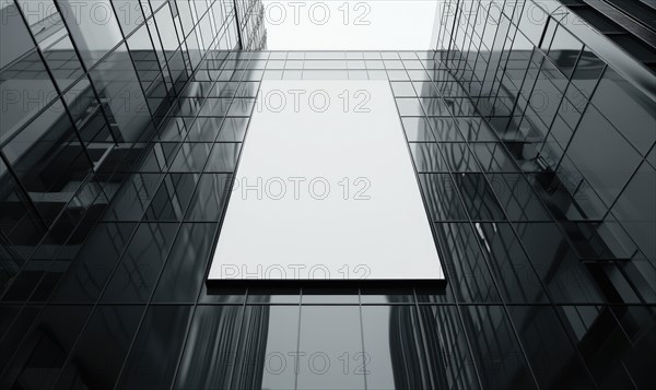 Blank screen banner mockup displayed on the modern building facade. Close Up view AI generated