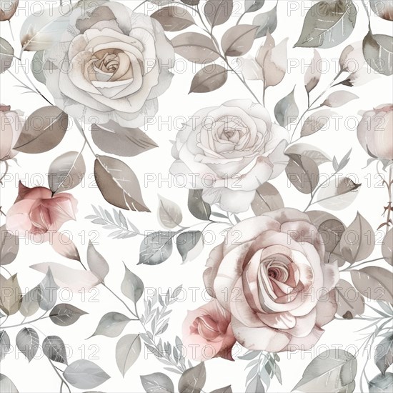 Floral watercolor pattern with delicate roses and foliage AI generated