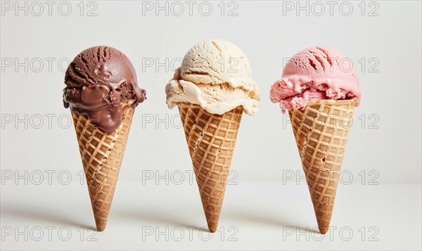 Neapolitan ice cream cones on white background AI generated