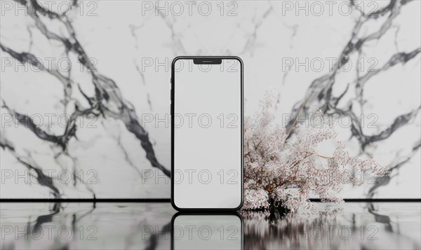 Smartphone mockup with a blank screen on a sleek marble background AI generated