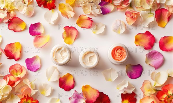 Three creme jar blank mockups nestled amidst delicate flower petals on a white background AI generated